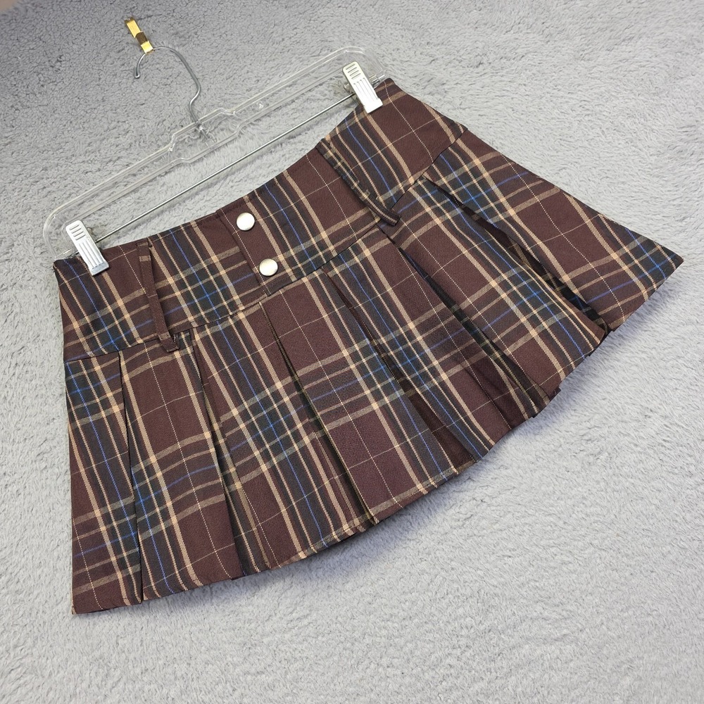 Romwe Micro Mini Skirt‎ Womens S Brown Plaid Pleated Schoolgirl Y2K Punk Cosplay